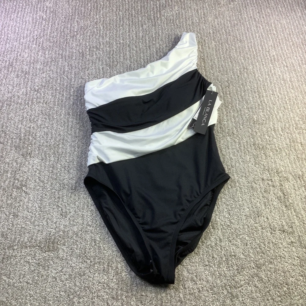 La Blanca Womens One Shoulder Tummy Control Swimsuit Black White Size 8 NWT‎